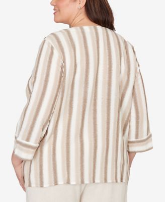Plus Size Natural Wonder Spliced Stripe Three Quarter Sleeve Top