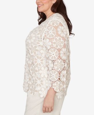 Plus Size Natural Wonder Floral Crochet Three Quarter Sleeve Top