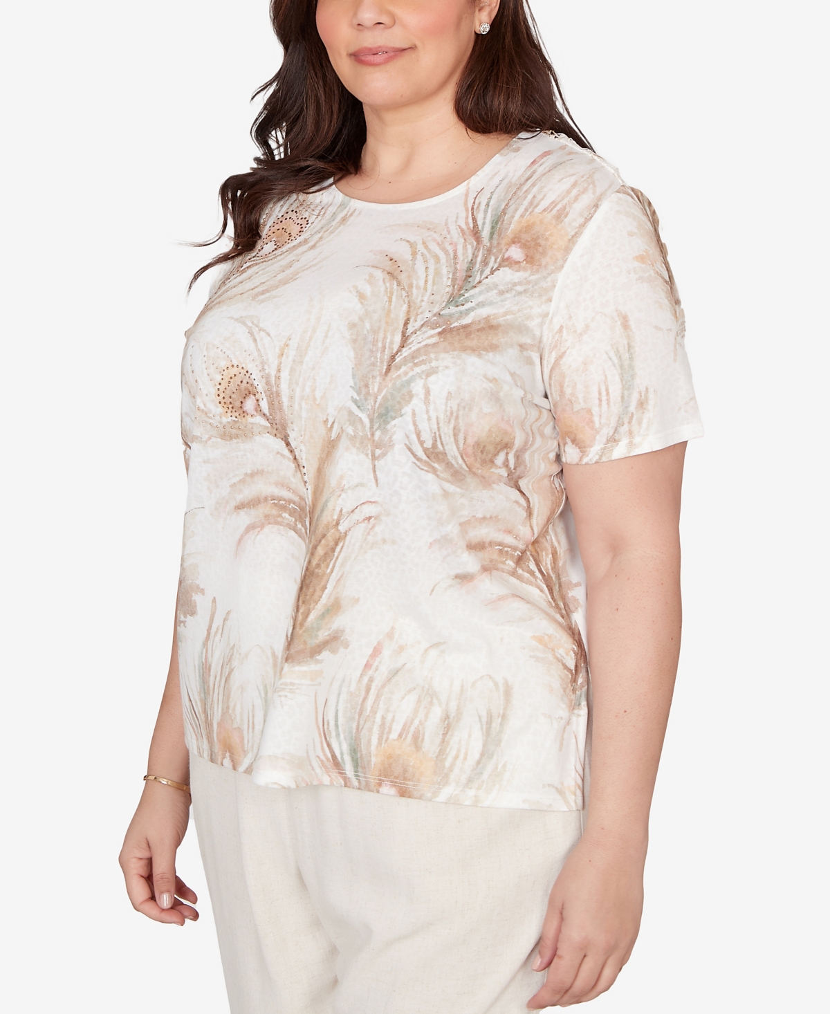 Alfred Dunner Plus Natural Wonder Feather Print Short sleeve T-shirt