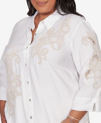 Plus Size Natural Wonder Scroll Soutache Button-Front Closure Top