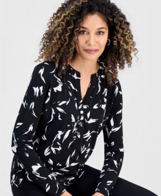 Petite Printed Button-Front Knit Top