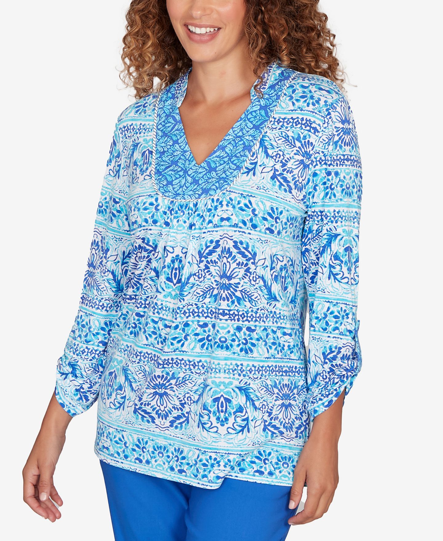 Женский топ Ruby Rd. Petite Woodblock Twin Printed Knit, цвет: Синий разноцветный — фото 2