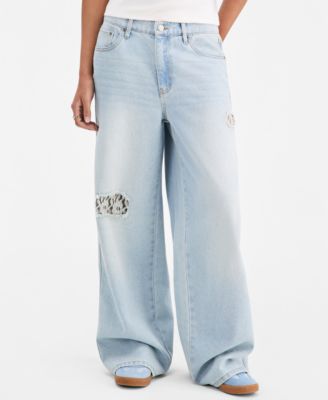 Juniors' Lace-Trim Destructed Elastic-Back Jeans