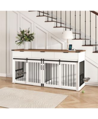 71" Double Dog Crate Furniture with Walnut Top, 3 Drawers, Outlet & Feeders