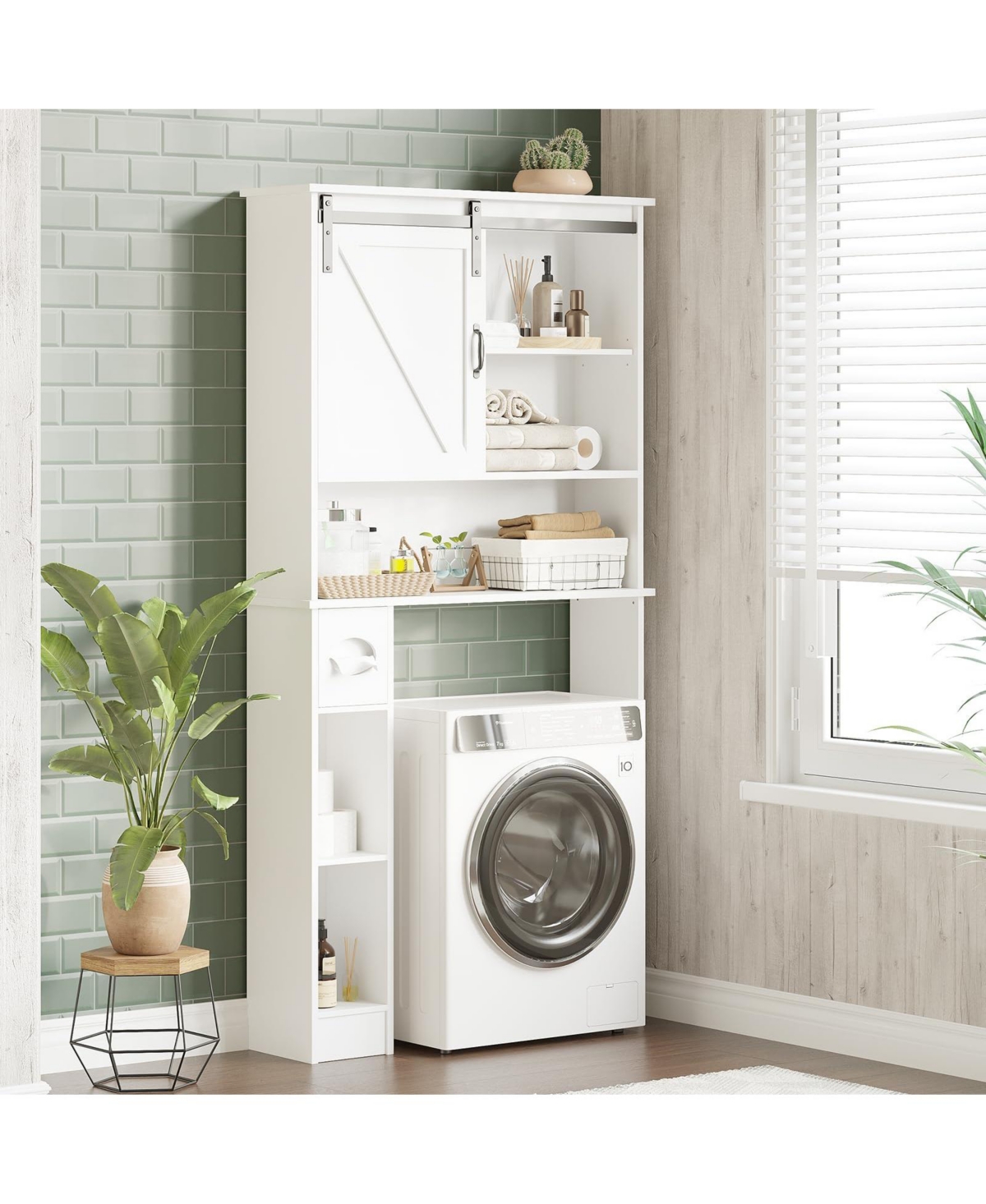 Homfan 65.4" h Bathroom Shelf over with Sliding Barn Door, for Bathroom, Laundry