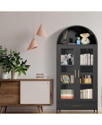 1 Drawer & 2 Doors Arched Fluted Storage Cabinet,Black Arch Bookcase with Glass Doors, Modern Freestanding Kitchen Pantry CabinetOrganizer