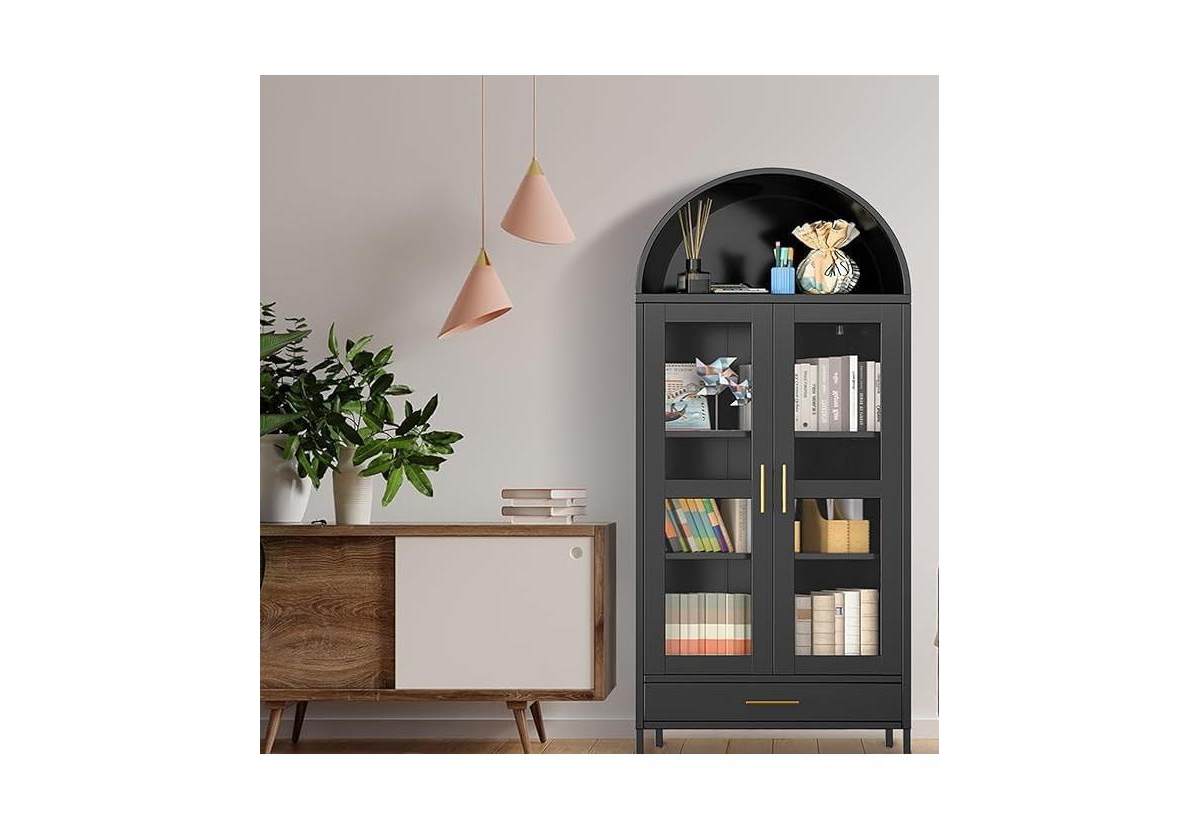 gaomon 1 Drawer & 2 Doors Arched Fluted Storage Cabinet,Black Arch Bookcase with Glass Doors, Modern Freestanding Kitchen Pantry CabinetOrganizer