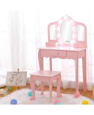 Kids Vanity Table and Stool Set with Lighted Mirror – Makeup Vanity for Bedrooms