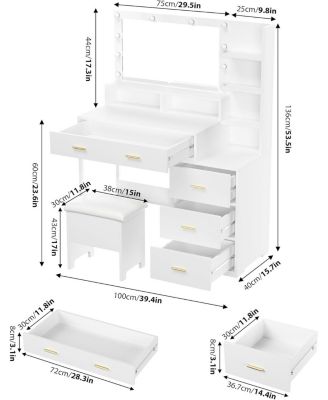 Makeup Vanity Desk Mirror and 10 LED Light Bulbs - White Dressing Table for Bedrooms, Apartments, Easy to Assemble