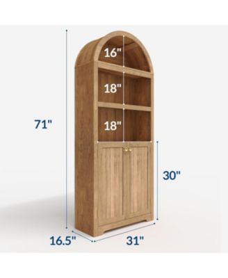 72" Modern Natural Arched Cabinet with Gold Handles – 5-Tier Wooden Pantry Cabinet with Double Doors & Adjustable Shelves