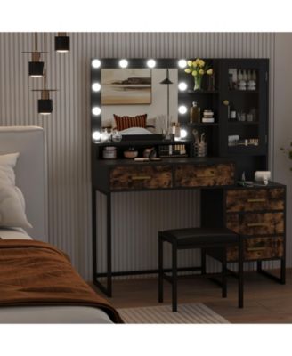 Large Makeup Vanity Desk  Mirror LED Lights Charging Station Stool Drawers and Storage Shelves for Bedrooms, Apartments
