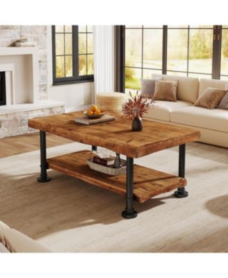 Wood Coffee Table, 2-Tier Coffee Table with Storage