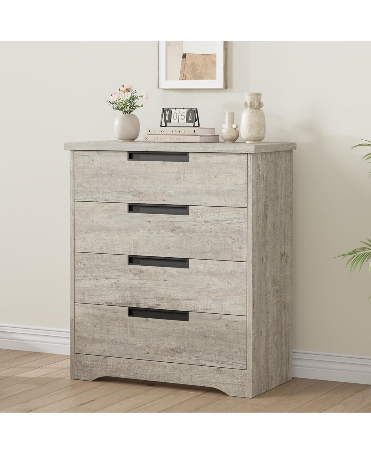 Gaomon 4-Drawer Dresser for Bedroom, Wooden Chest of Drawers with Embedded Handles for Living Room or Nursery, Grey