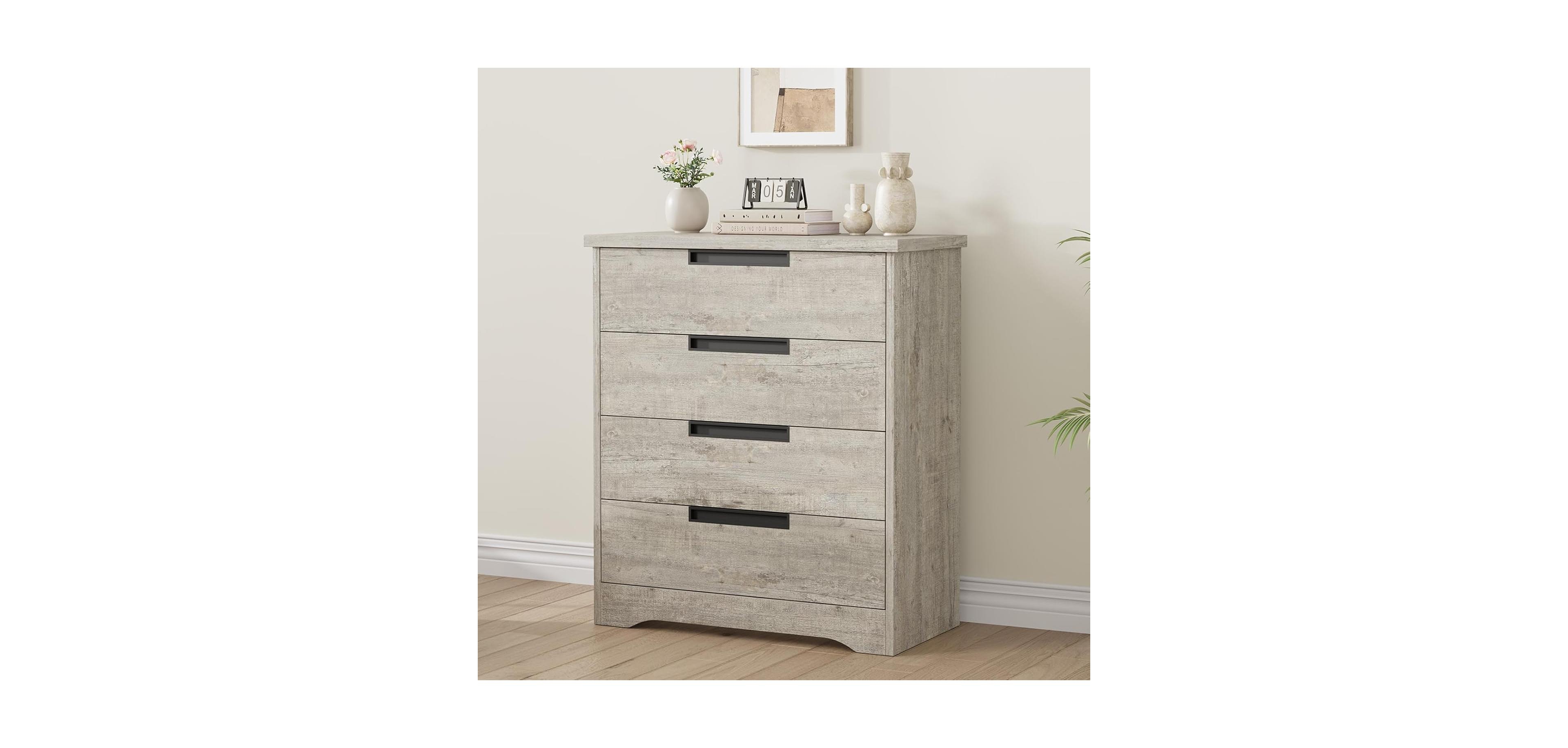 Gaomon 4-Drawer Dresser for Bedroom, Wooden Chest of Drawers with Embedded Handles for Living Room or Nursery, Grey