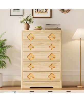 Fluted 5-Drawer Dresser for Bedroom, 42.9" Tall Wooden Chest with Large Storage & TV Stand Use, Beige