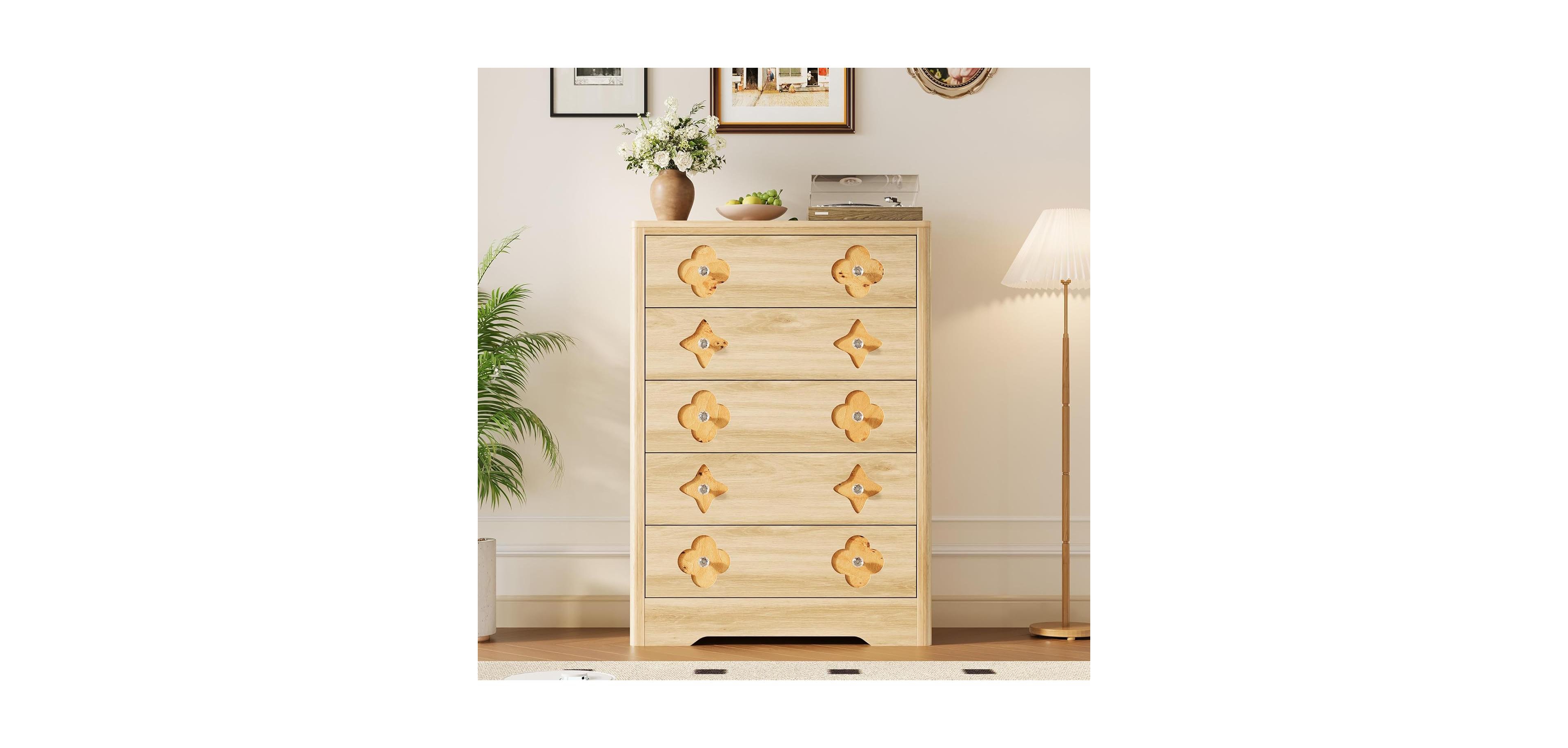 Gaomon Fluted 5-Drawer Dresser for Bedroom, 42.9" Tall Wooden Chest with Large Storage & Tv Stand Use, Beige