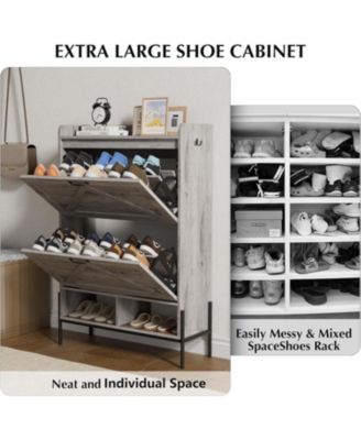 Shoe Cabinet with 2 Flip Drawers, Narrow Freestanding Shoe Storage Organizer for Entryway, Dry and Wet Separation Shoe Rack with Metal