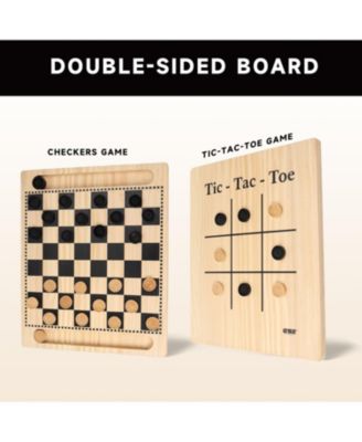 2-in-1 Reversible Natural Wood Checkers & Tic-Tac-Toe Board Game Combo Set with Game Pieces