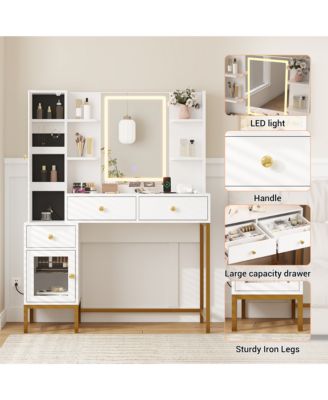 Makeup Vanity Lighted Mirror and Charging Station Vanity Desk for Bedrooms, Apartments, Easy to Assemble