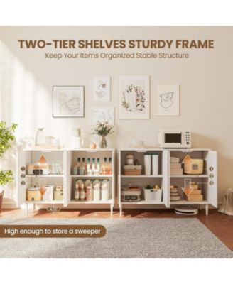 Rattan Buffet Cabinet with Storage,Sideboard Cabinet with 4 Doors and Adjustable Shelves, Console Coffee Bar with Charging Station, Boho Wood