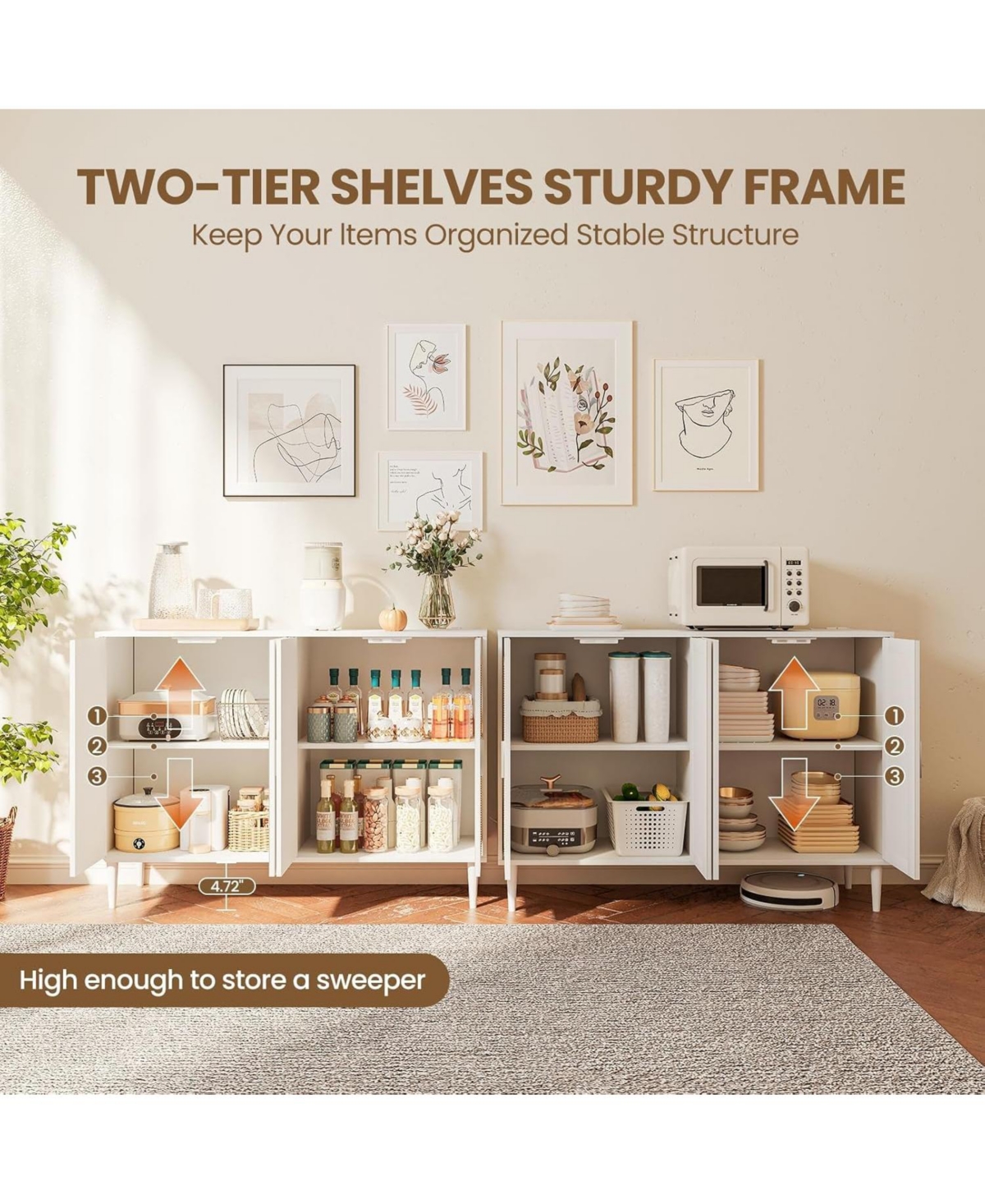 gaomon Rattan Buffet Cabinet with Storage,Sideboard Cabinet with 4 Doors and Adjustable Shelves, Console Coffee Bar with Charging Station, Boho Wood