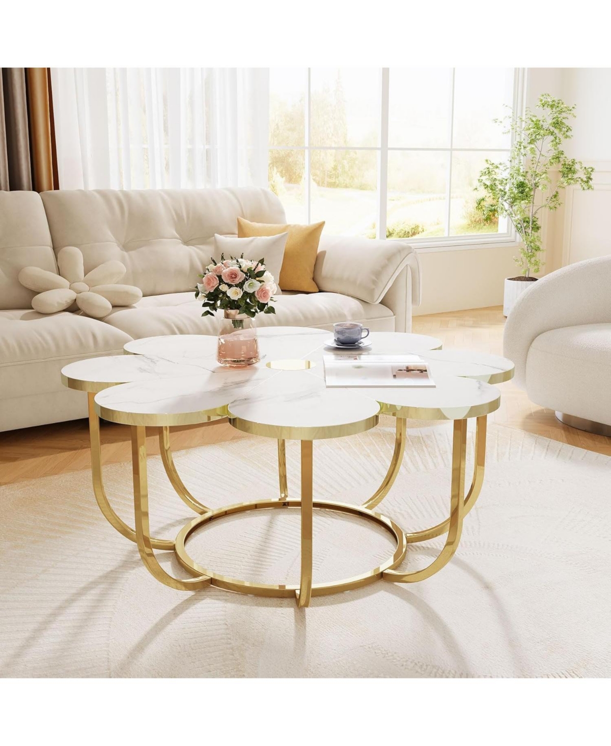 Tribesigns White and Gold Coffee Table, Flower-Shaped
