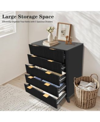 5-Drawer Wooden Tall Dresser with Waveform Fluted Panels – Modern Storage Chest for Bedroom, Living Room, or Kids’ Room