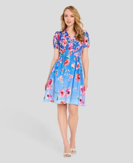 Petite V-neck Short-Sleeve Dress - Peri Floral