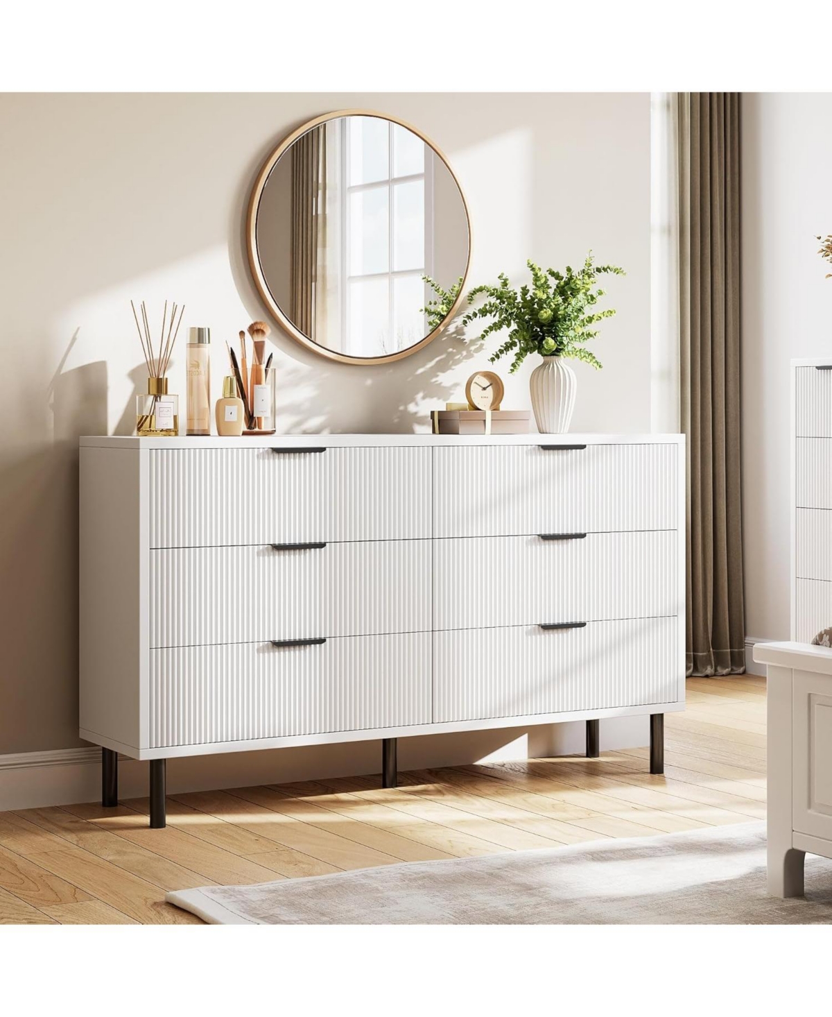gaomon Modern Fluted 6 Drawer Dresser for Bedroom, Wide Chest of Drawers with Metal Handles and Legs, Wooden Tv Stand, Clothes Storage Cabinet