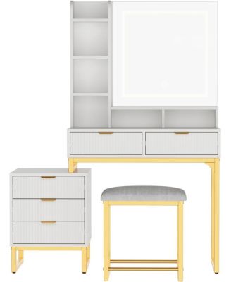 Vanity Desk Mirror and Lights Fluted Vanity Desk for Bedrooms, Apartments, Easy to Assemble