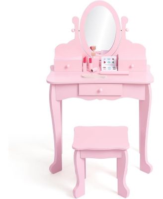 Kids Vanity Set with Mirror and Stool, Girls Wooden Makeup Playset