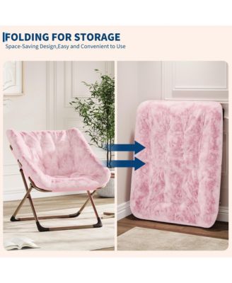 Rabbit Fur Foldable Dish Saucer Chair, Durable Metal Frame Lounge Chair for Kids Teens Adults, Soft Cozy Seating