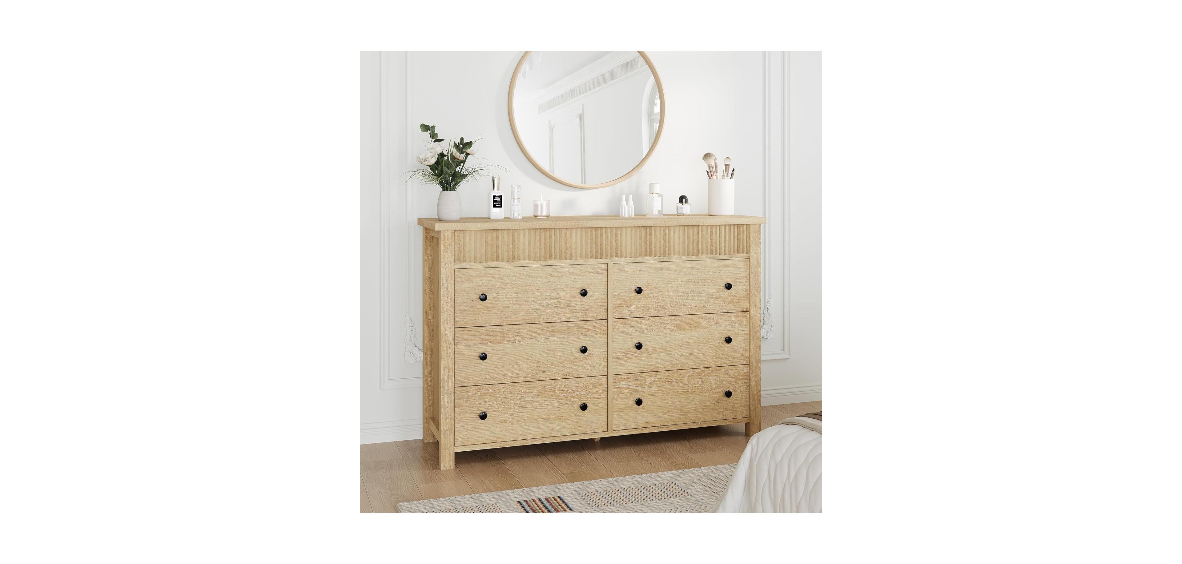 gaomon 6 Drawer Dresser for Bedroom, Wooden Chest of Drawers, Fluted Tv Stand, Storage Organizer Living Room, Hallway and Entryway