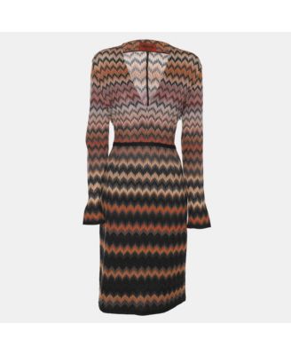 Women's Multicolor Zig Zag Print Rib Knit Long Sleeve V Neck Midi Dress