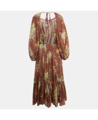 Womens Brown Floral Print Silk Belted Zinnia Dress