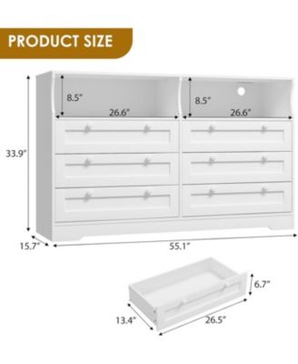 Dresser for Bedroom with 6 Drawers, 55" Wide Wooden Bedroom Dresser with LED Lights & Power Outlet, Modern Large TV Dresser