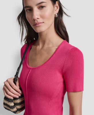 Women's Short-Sleeve Mixed Media Midi Sweater Dress