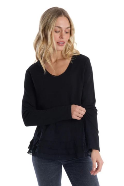 Женская футболка WILT Clothing V-Neck Mixed Media Long Sleeve, цвет: Чёрный