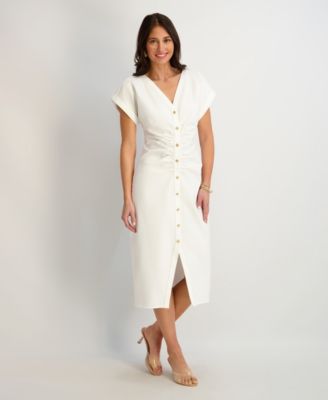 Women's Faux Linen V-Neck Midi Dress