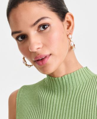 Medium Imitation Pearl C-Hoop Earrings, 1.8"