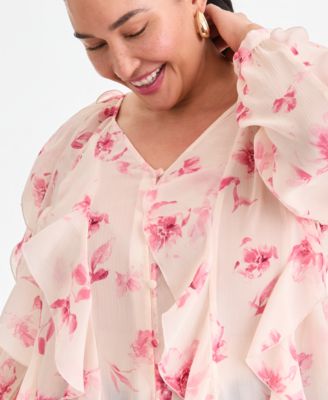 Plus Size Printed V-Neck Ruffled Blouse