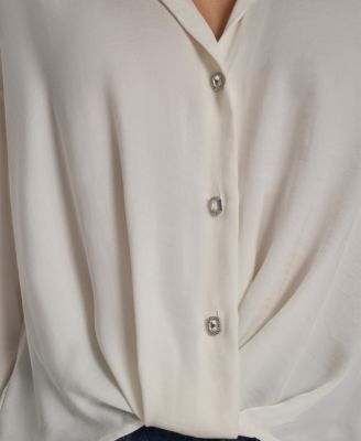 Women's Long-Sleeve Rhinestone Button-Front Shirt With Twist Hem