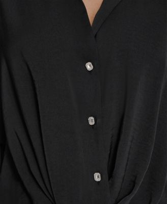 Women's Long-Sleeve Rhinestone Button-Front Shirt With Twist Hem