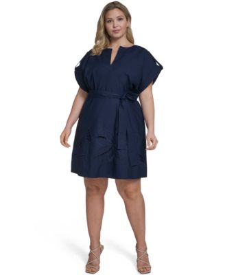 Plus Size Tie Waist Cap-Sleeve Shift Dress