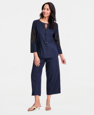 Women's Beaded Split-Neck Top & Cropped Drawstring Wide-Leg Pants