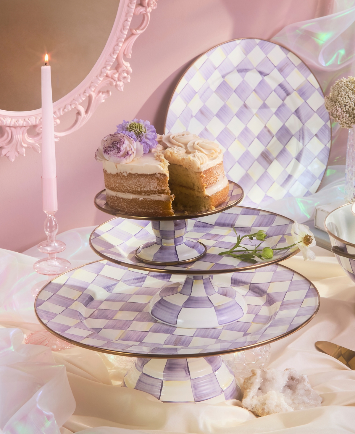 MacKenzie-Childs Violet Check Small Pedestal Platter