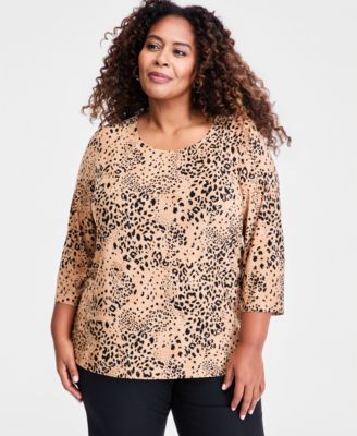 JM Collection Plus Size Printed Jacquard 3/4-Sleeve Top