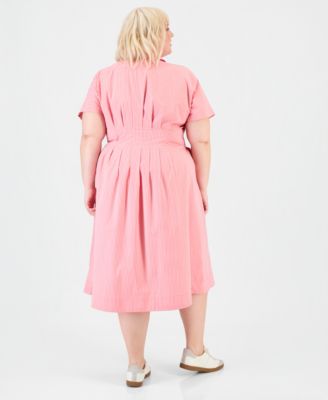 Trendy Plus Size Pinstriped Pleated-Waist Midi Shirtdress