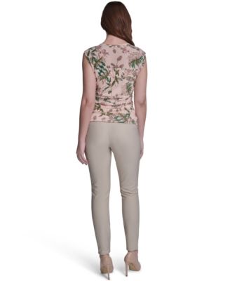 Women's Ruched Side Seam Crew Neck Floral Top