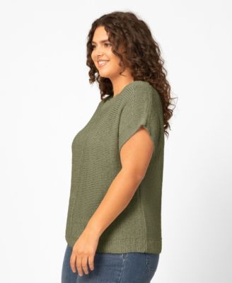 Plus Size Button Back Tape Yarn Short-Sleeve Knit Sweater
